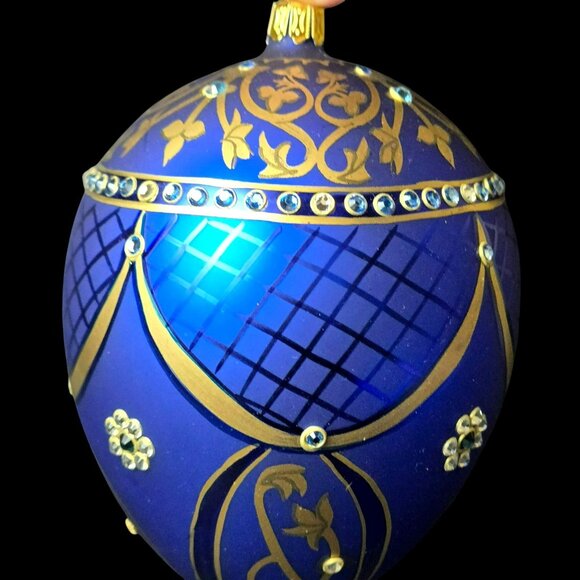 Komozja Family Blue Jeweled Glass Egg 5" Ornament Handcrafted Polish Blown Glass - Picture 5 of 10